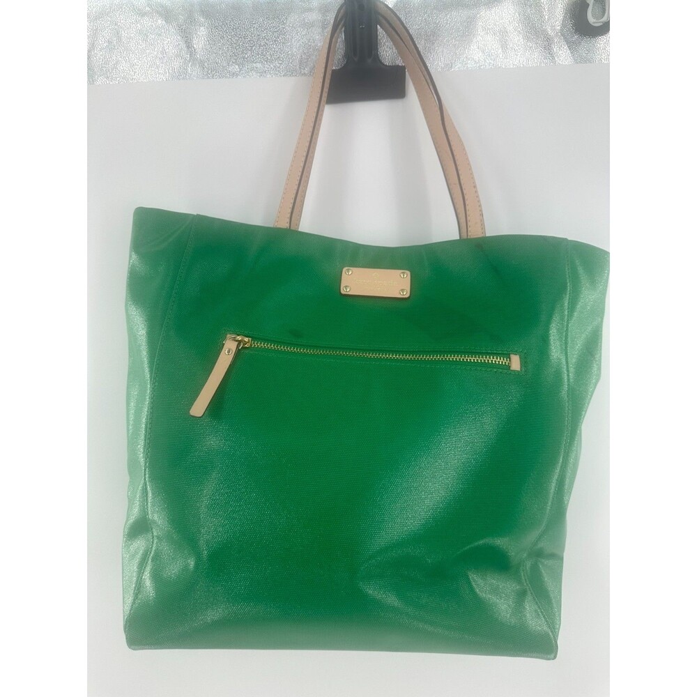 Kate Spade Fulton St Kerryn Kelly Green Coated Canvas Zip Tote Bag Tan Leather